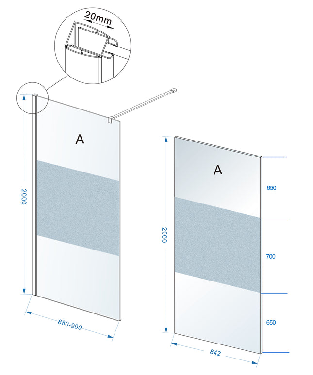 Wiesbaden Comfort inloopdouche 90 x 200 cm helder glas met melkglas middenband chroom - technische tekening | Schwertz & Co