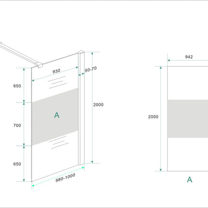 Wiesbaden Comfort inloopdouche 100 x 200 cm helder glas met melkglas middenband chroom - technische tekening 2 | Schwertz & Co