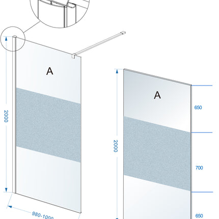 Wiesbaden Comfort inloopdouche 100 x 200 cm helder glas met melkglas middenband chroom - technische tekening | Schwertz & Co