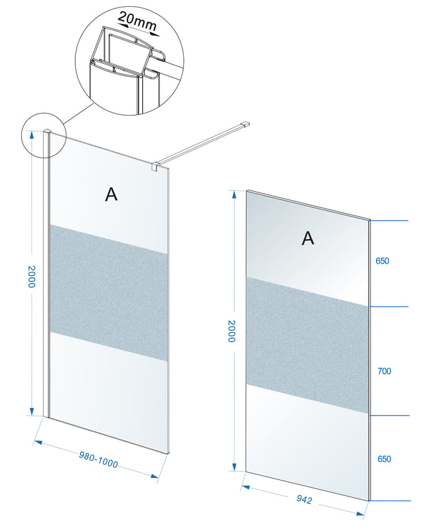 Wiesbaden Comfort inloopdouche 100 x 200 cm helder glas met melkglas middenband chroom - technische tekening | Schwertz & Co