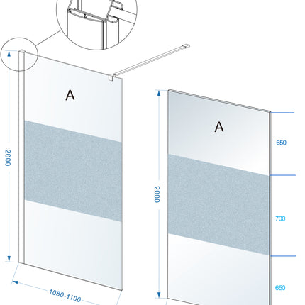 Wiesbaden Comfort inloopdouche 110 x 200 cm helder glas met melkglas middenband chroom - technische tekening | Schwertz & Co