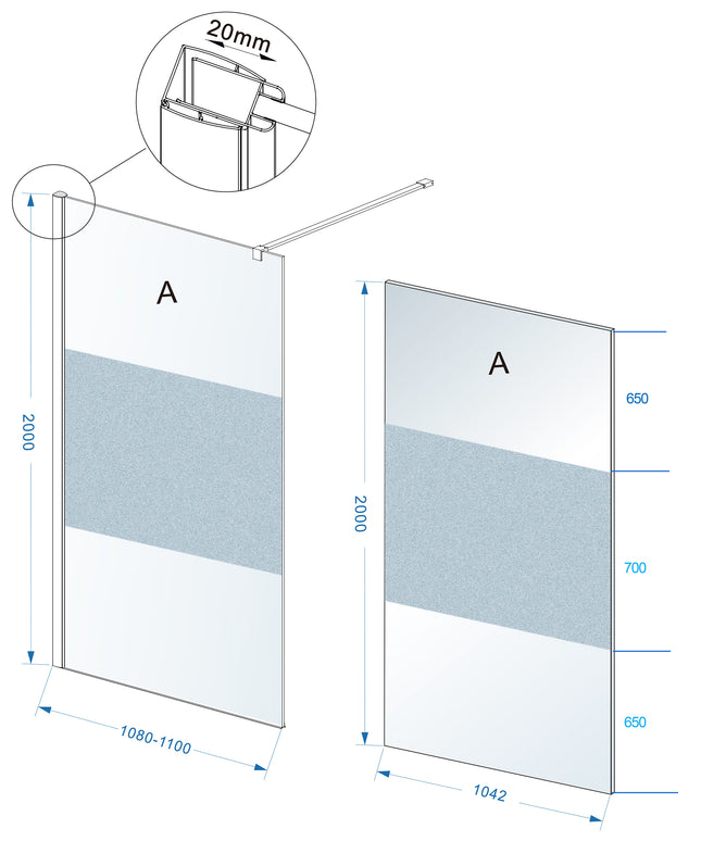 Wiesbaden Comfort inloopdouche 110 x 200 cm helder glas met melkglas middenband chroom - technische tekening | Schwertz & Co