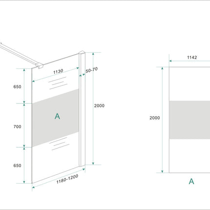 Wiesbaden Comfort inloopdouche 120 x 200 cm melkglas middenband chroom - technische tekening maatvoering | Schwertz & Co