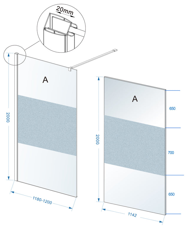 Wiesbaden Comfort inloopdouche 120 x 200 cm melkglas middenband chroom - technische tekening | Schwertz & Co