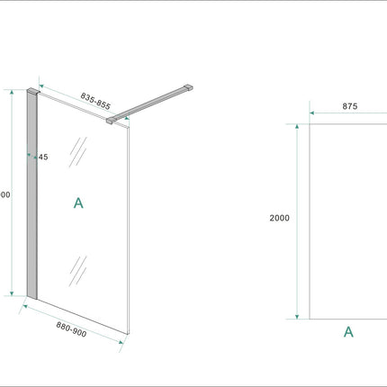 Wiesbaden Graffic inloopdouche 90 cm helder glas mat zwart - technische tekening | Schwertz & Co