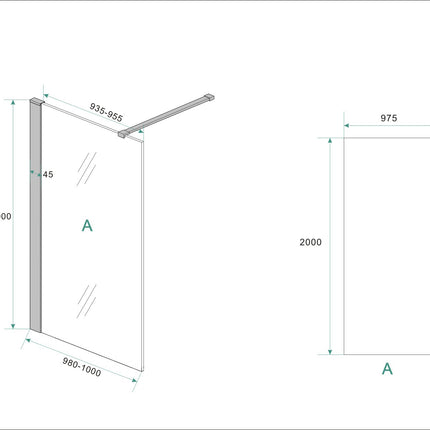 Wiesbaden Graffic inloopdouche 100 cm helder glas mat zwart - technische tekening | Schwertz & Co
