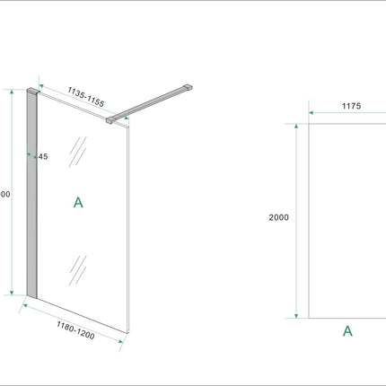 Wiesbaden Graffic inloopdouche 120 x 200 cm mat zwart - technische tekening | Schwertz & Co