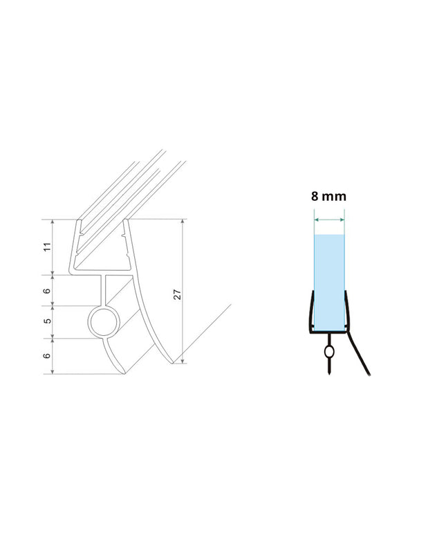Xellanz joint d'étanchéité en plastique 8 x 800 mm transparent - dessin technique coupe | Schwertz & Co