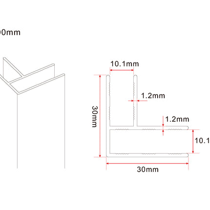 Wiesbaden Slim hoekprofiel douchewand 200 cm mat wit - technische tekening | Schwertz & Co