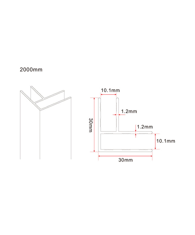 Wiesbaden Slim hoekprofiel douchewand 200 cm gunmetal - technische tekening | Schwertz & Co