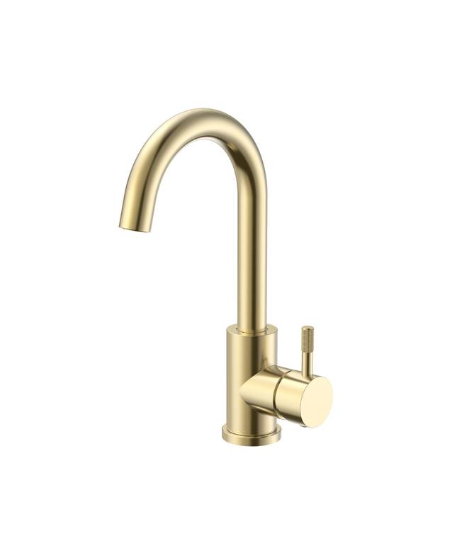 STRIA wastafelkraan – gebogen draaibare uitloop – geborsteld goud (PVD)
