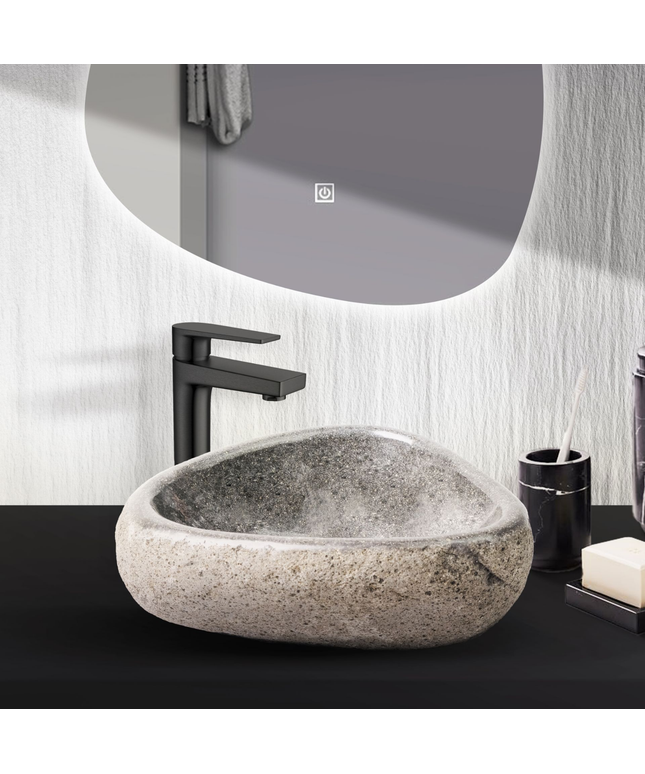 Ronde Waskom van Natuurlijke Riviersteen – 30-35x15x1,5 cm – Grijs