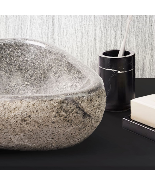 Ronde Waskom van Natuurlijke Riviersteen – 30-35x15x1,5 cm – Grijs