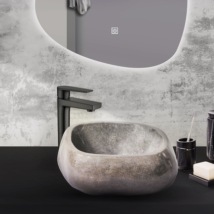 Volledig Gepolijste Waskom van Natuurlijke Riviersteen – Zwart – 30-35x15x1,5 cm