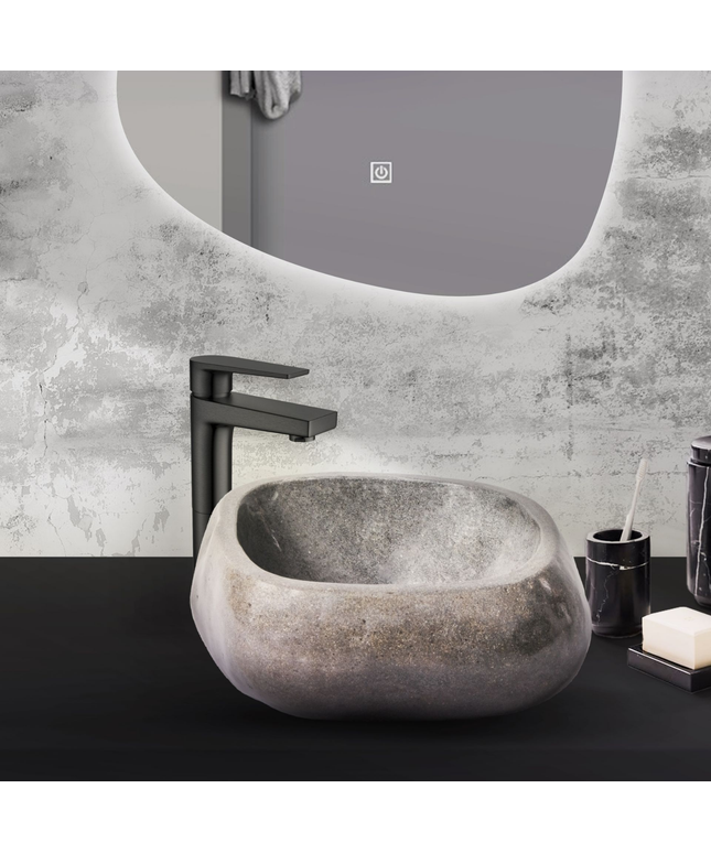 Volledig Gepolijste Waskom van Natuurlijke Riviersteen – Zwart – 30-35x15x1,5 cm