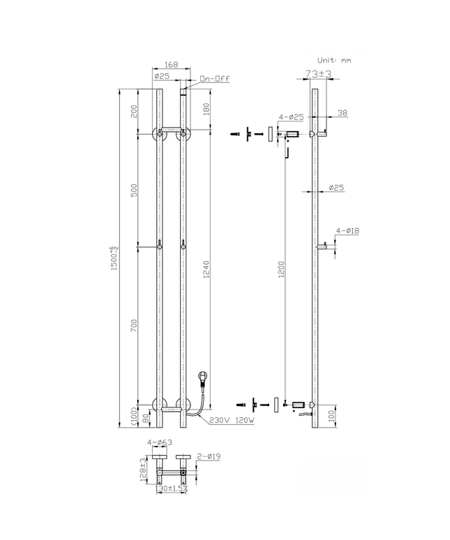 BELRAD Badkamer radiator staafmodel elektrisch 1500x168x127 mm - Glanzend wit - Dubbel - 120W
