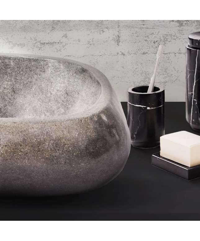 Volledig Gepolijste Waskom van Natuurlijke Riviersteen – Zwart – 30-35x15x1,5 cm