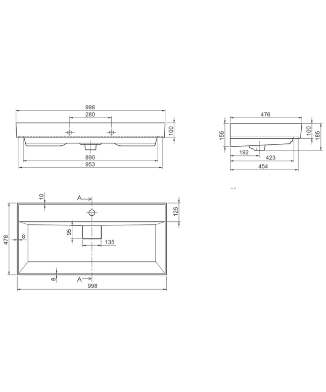 Aloni wastafel – 100x48x10 cm – wit