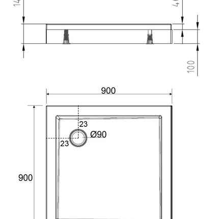 Wiesbaden douchebak vierkant 90 x 90 cm glans wit - technische tekening | Schwertz & Co