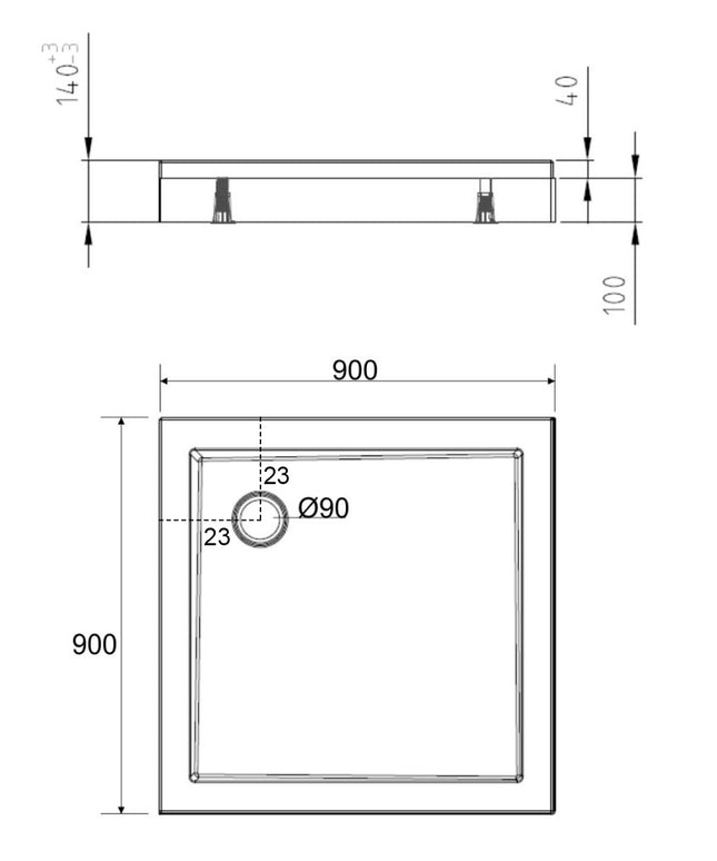 Wiesbaden douchebak vierkant 90 x 90 cm glans wit - technische tekening | Schwertz & Co