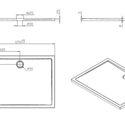 Wiesbaden douchebak rechthoek acryl glans wit 120 x 90 cm - technische tekening | Schwertz & Co