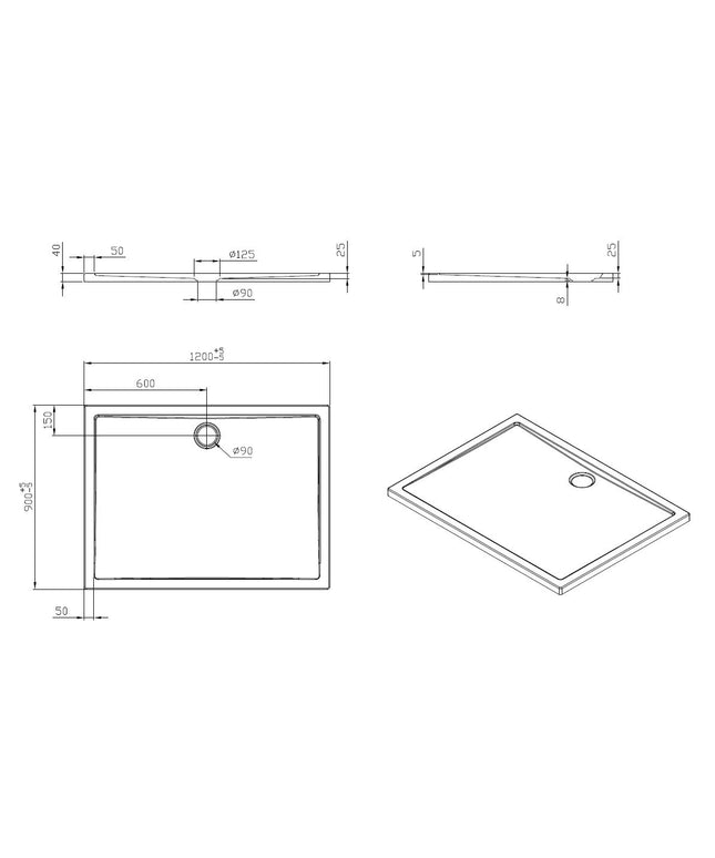 Wiesbaden douchebak rechthoek acryl glans wit 120 x 90 cm - technische tekening | Schwertz & Co