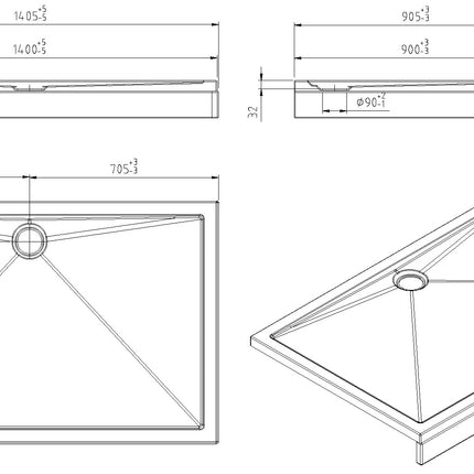 Wiesbaden douchebak rechthoek 140 x 90 cm acryl glans wit - technische tekening | Schwertz & Co