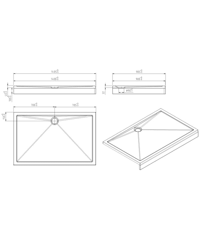Wiesbaden douchebak rechthoek 140 x 90 cm acryl glans wit - technische tekening | Schwertz & Co