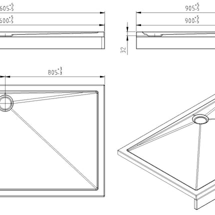 Wiesbaden douchebak rechthoek acryl 160 x 90 x 4 cm glans wit - technische tekening | Schwertz & Co