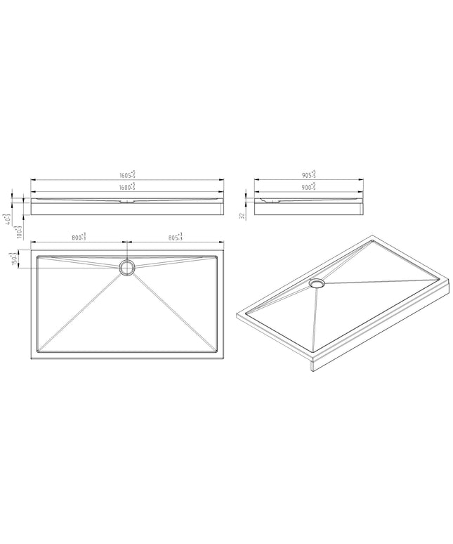 Wiesbaden douchebak rechthoek acryl 160 x 90 x 4 cm glans wit - technische tekening | Schwertz & Co