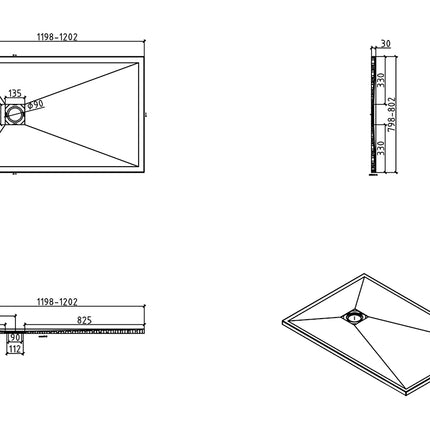 Wiesbaden Stonea douchebak 80 x 120 cm composiet mat wit - technische tekening | Schwertz & Co