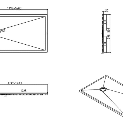 Wiesbaden Stonea douchebak 80 x 140 cm mat wit - technische tekening | Schwertz & Co