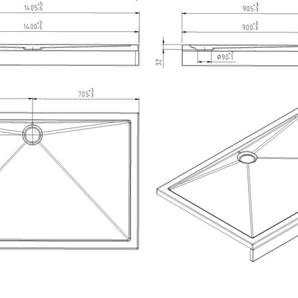 Wiesbaden voorzetpaneel met potenset douchebak 140 x 90 cm glans wit - technische tekening | Schwertz & Co