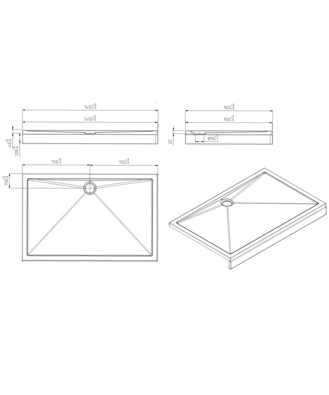 Wiesbaden voorzetpaneel met potenset douchebak 140 x 90 cm glans wit - technische tekening | Schwertz & Co