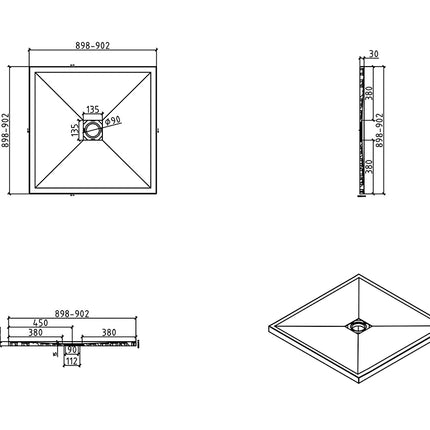 Wiesbaden Stonea douchebak 90 x 90 cm composiet mat wit - technische tekening | Schwertz & Co