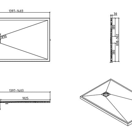 Wiesbaden Stonea douchebak antislip 90 x 140 cm mat wit - technische tekening | Schwertz & Co