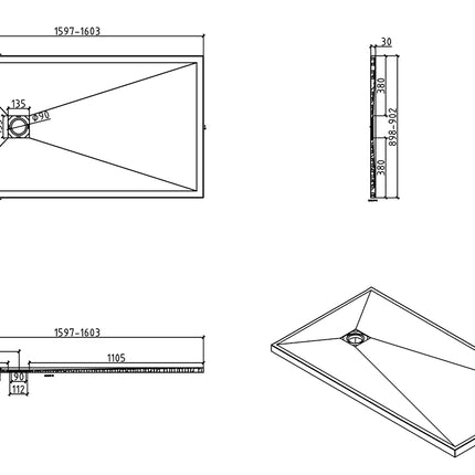 Wiesbaden Stonea douchebak composiet 90 x 160 cm mat wit - technische tekening | Schwertz & Co