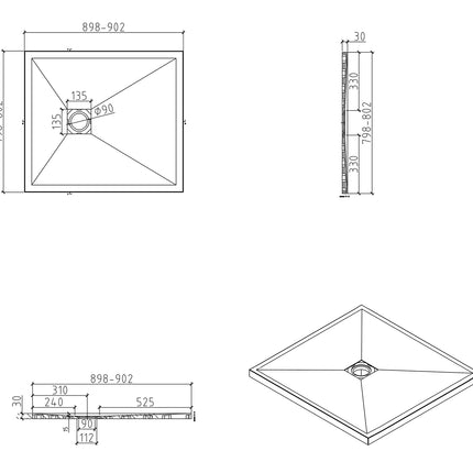 Wiesbaden Stonea douchebak 80 x 90 cm composiet mat zwart - technische tekening | Schwertz & Co