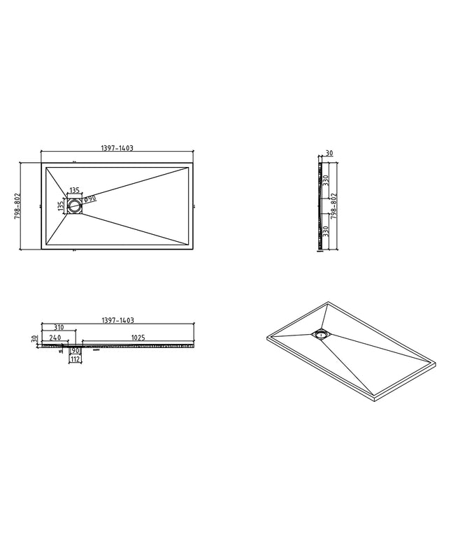 Wiesbaden Stonea douchebak 80 x 140 cm mat zwart - technische tekening | Schwertz & Co