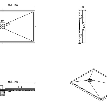 Wiesbaden Stonea douchebak 90 x 120 cm mat zwart - technische tekening | Schwertz & Co