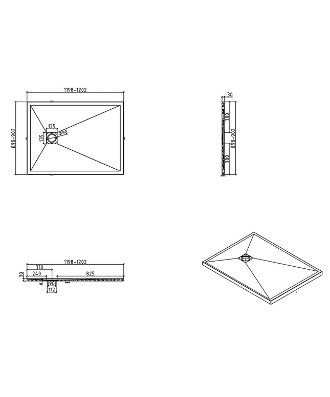 Wiesbaden Stonea douchebak 90 x 120 cm mat zwart - technische tekening | Schwertz & Co