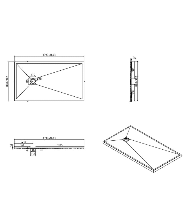 Wiesbaden Stonea douchebak composiet 90 x 160 cm mat zwart - technische tekening | Schwertz & Co