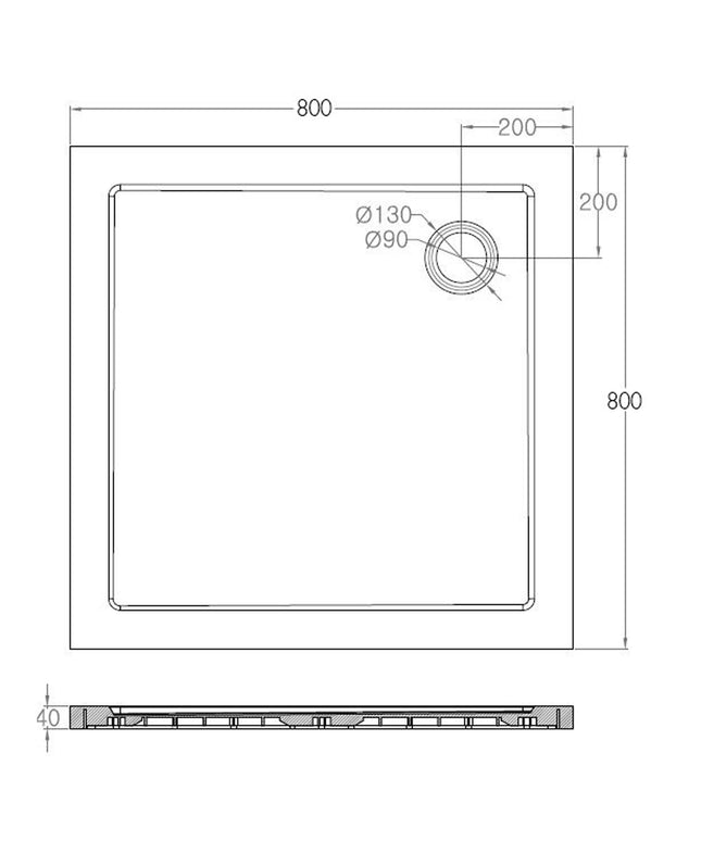 Xellanz luxe douchebak SMC vierkant 80 x 80 cm wit - technische tekening | Schwertz & Co