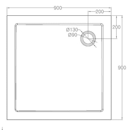 Xellanz luxe douchebak SMC vierkant 90 x 90 cm wit - technische tekening | Schwertz & Co