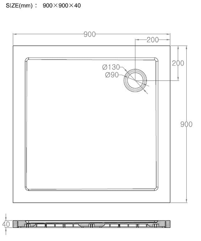 Xellanz luxe douchebak SMC vierkant 90 x 90 cm wit - technische tekening | Schwertz & Co