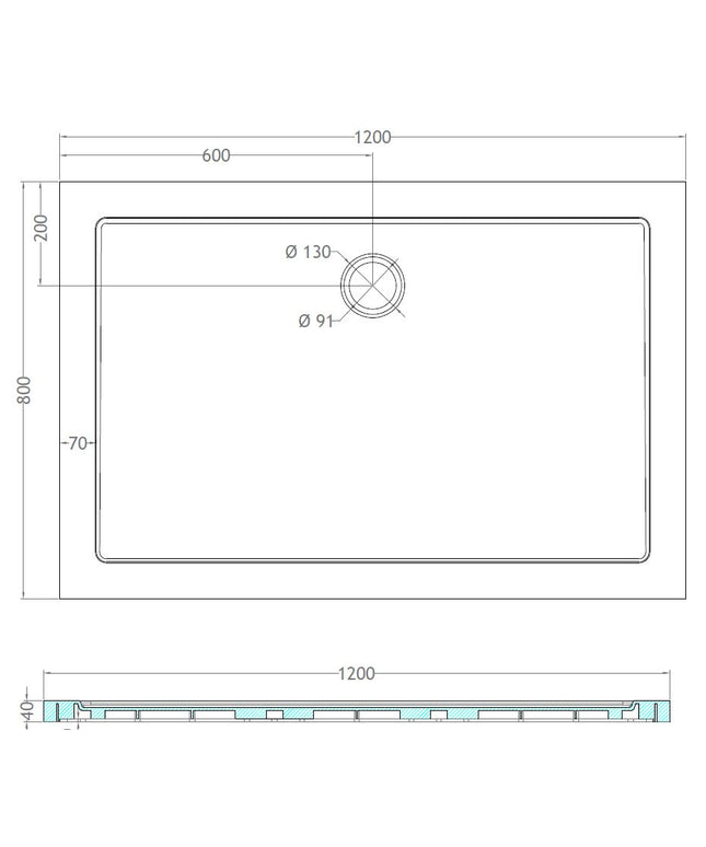 Xellanz luxe douchebak SMC rechthoek 120 x 80 cm wit - technische tekening | Schwertz & Co