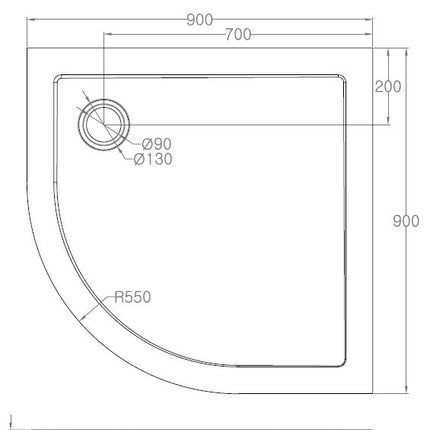 Xellanz luxe douchebak SMC kwartrond 90 x 90 cm wit - technische tekening | Schwertz & Co