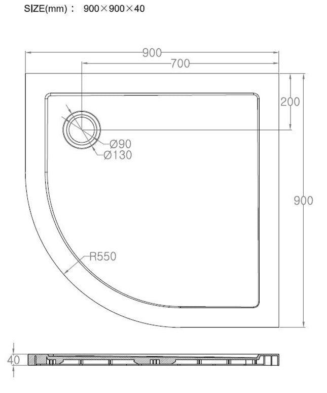 Xellanz receveur de douche SMC quart de rond 90 x 90 cm blanc - dessin technique | Schwertz & Co