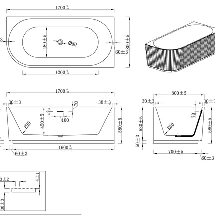 Wiesbaden Rivi hoekbad rechts 170 x 80 cm mat wit - technische tekening | Schwertz & Co