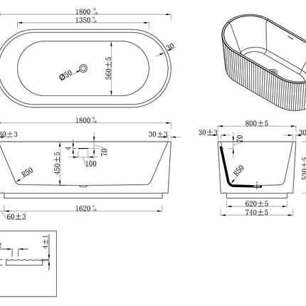 Wiesbaden Rivi vrijstaand ligbad 180 x 80 cm glans wit - technische tekening | Schwertz & Co